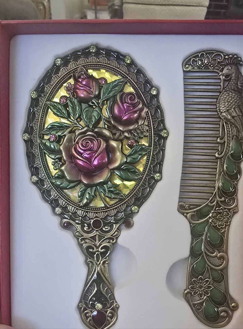 Vintage Style Pink & Green Floral Hand Mirror and Comb Set